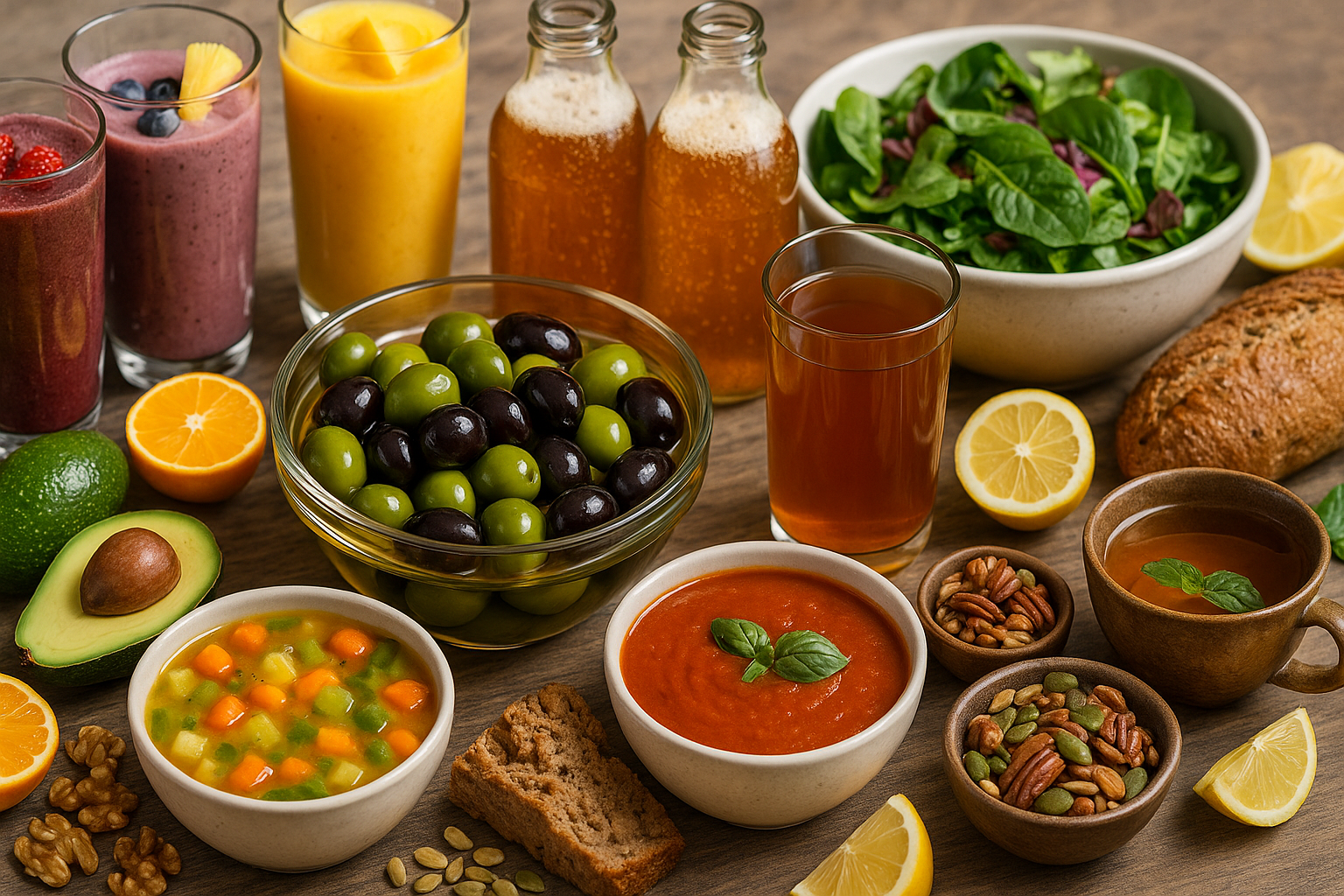 in the image, can you inlucde different types of food, like soups, fruit smoothies, kombucha and maybe some others?