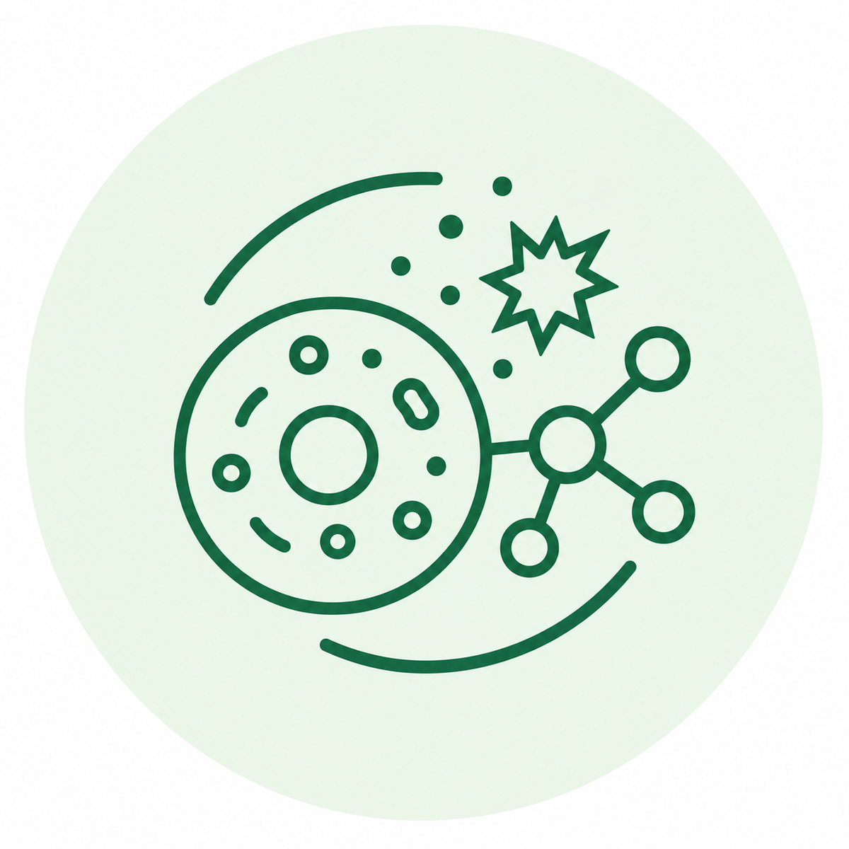 A circular light green icon with dark green line art showing a scientific or biochemical symbol, including a circular disc, connected nodes, and a starburst.